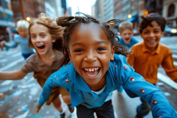 A group of children with animated faces running across a city street