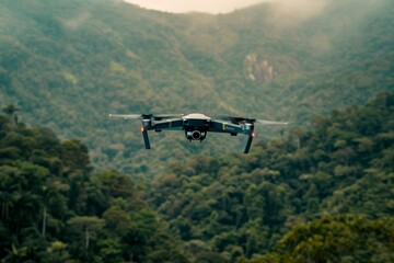 Fototapeta na wymiar A closeup shot of a commercial drone flying over a lush green forest, captured by a secondary drone at a lower altitude