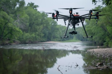 A black and red remote controlled drone is seen flying over a river in this aerial shot. The drone is captured in detail as it hovers gracefully above the water