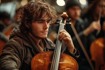 Deep concentration on the face of a male cellist among other orchestra members - obrazy, fototapety, plakaty