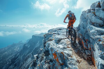 A daredevil mountain biker navigates the edge of a majestic mountain peak, emphasizing the extreme skill and peril of the sport