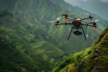 Large remote controlled drone equipped with scientific tools flying over lush green hillside