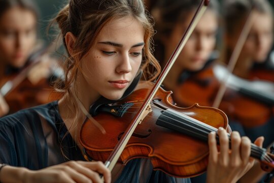 An image capturing the focus and dedication of a female violin player during a performance