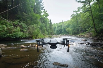A front-facing view captures a remote controlled flying device hovering above a river