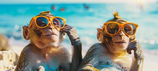 two monkeys on the beach smiling. banner photo. monkeys in sunglasses relax on a tropical ocean beach. generative ai