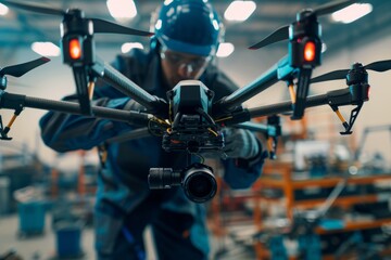 Technician in protective gear carefully installing camera on large commercial drone
