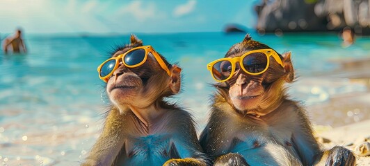 two monkeys on the beach smiling. banner photo. monkeys in sunglasses relax on a tropical ocean beach. generative ai