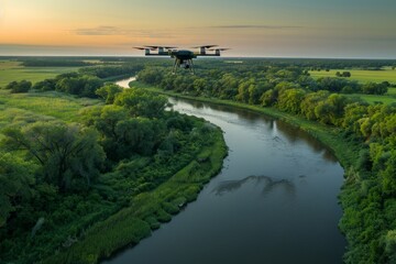 A commercial photo capturing a large plane flying over a lush green field with a river in the...