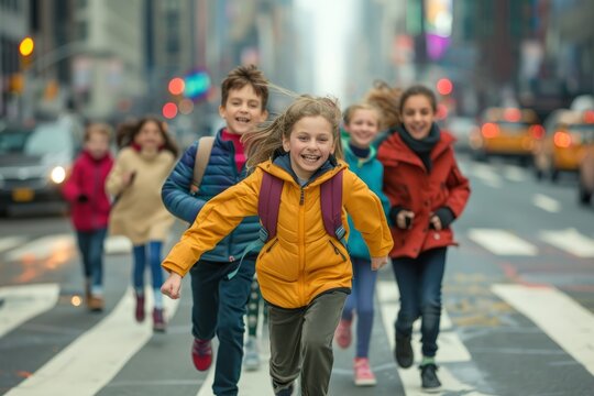 A Group Of Children Running Directly Towards The Camera Across A Busy City Street