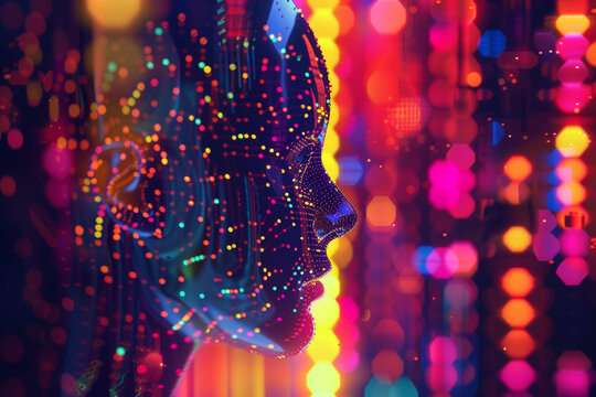 This image is a vibrant digital illustration of a humanoid profile with neural network patterns in the head, symbolizing artificial intelligence