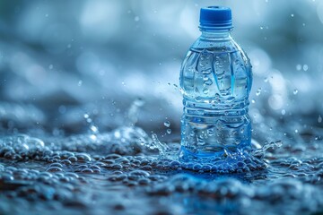 A plastic water bottle stands amidst a splash of fresh water, evoking a sense of hydration and cleanliness in everyday life
