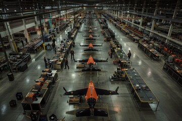 An aerial view of a bustling hangar filled with numerous airplanes undergoing maintenance and inspections