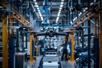 A large airplane is seen in the process of assembly inside a factory, with a man in the background