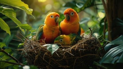 An online broadcast setup with a video camera focused on a colorful parrot nest hidden within a lush tropical rainforest, showcasing the vibrant life cycle of these birds as they interact and feed