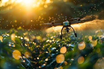 A water sprinkler spraying water on a field with a drone distributing fertilizers, capturing detailed action - obrazy, fototapety, plakaty