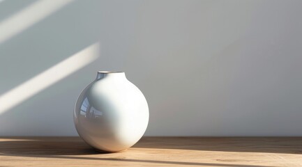 White ceramic vase on a wooden table in front of a white wall with natural sunlight