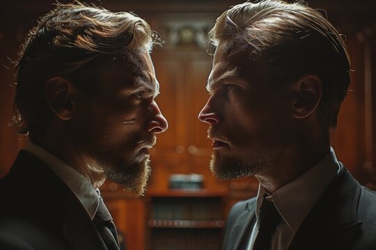 An intense scene of two men in sharp suits facing each other, emanating power and confrontation