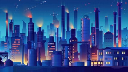 This vector illustration presents an expansive industrial panorama