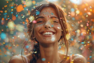 Radiant woman smiling broadly with colorful face glitter in a celebratory atmosphere