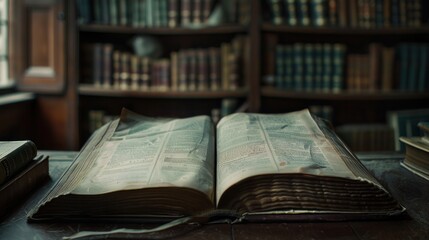 Obraz premium An open book lies invitingly on a table within the tranquil confines of a library