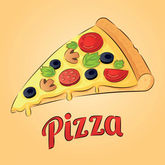 Vector cute cartoon bright pizza with text Pizza wallpaper tshirt print design illustration. Vector cute fast food art