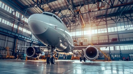 Fototapeta premium A passenger aircraft undergoes meticulous maintenance of its engine and fuselage