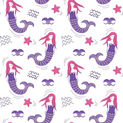 Fototapeta premium Cute simple pattern with sea doodle elements. Seamless background with sketch mermaid.