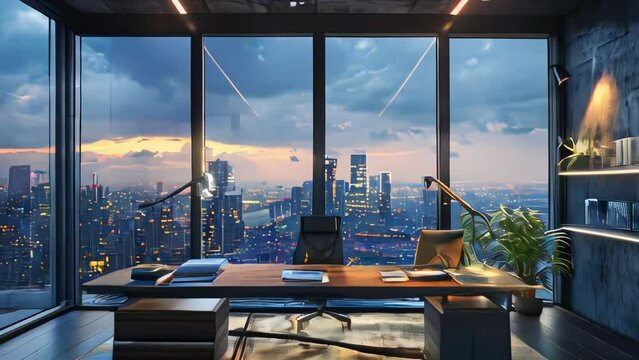 Modern office interior with panoramic window and city view.