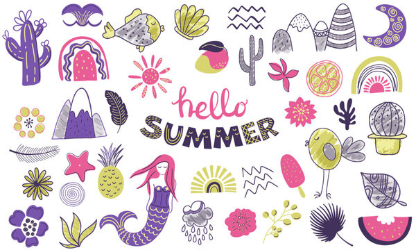 Doodle travel collection. Hand drawn vector illustration set of summertime elements.