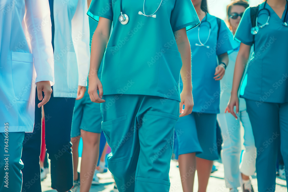 Wall mural A group of people in medical uniform, a rally of doctors with the unity and determination of healthcare professionals. Concept: medical workers, strike or social issues in health and clinics