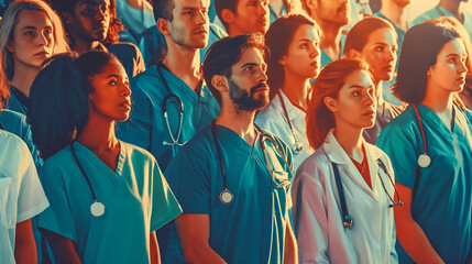 A group of people in medical uniform, a rally of doctors with the unity and determination of healthcare professionals. Concept: medical workers, strike or social issues in health and clinics