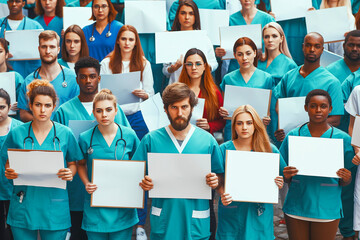 A group of people in medical uniform, a rally of doctors with the unity and determination of healthcare professionals. Concept: medical workers, strike or social issues in health and clinics - obrazy, fototapety, plakaty