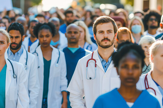 A group of people in medical uniform, a rally of doctors with the unity and determination of healthcare professionals. Concept: medical workers, strike or social issues in health and clinics