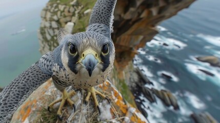 An online streaming camera stationed beside a cliffside peregrine falcon nest, providing breathtaking views of the fastest birds in the world as they teach their fledglings to hunt