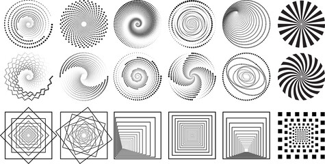 Dot circle and square pattern. Black round dots. Spiral frame. Set of swirl abstract ripple elements. Round and square graphic textures. Vector.