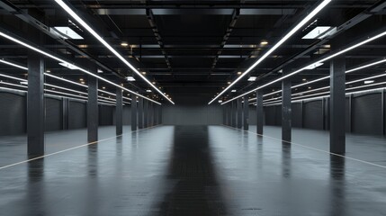 An empty warehouse transforms into a dark, enigmatic car showroom - obrazy, fototapety, plakaty