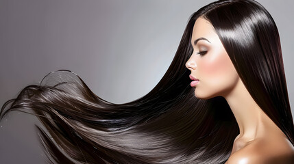 Beautiful woman modeling her long, shiny, silky black hair