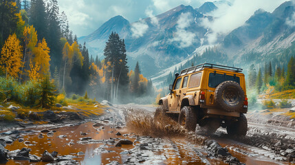 Offroad car with mountain background - obrazy, fototapety, plakaty