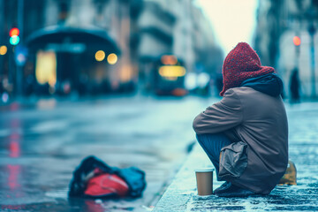 Homeless people on city streets, hungry homeless begging for help and money, Problems of big modern cities