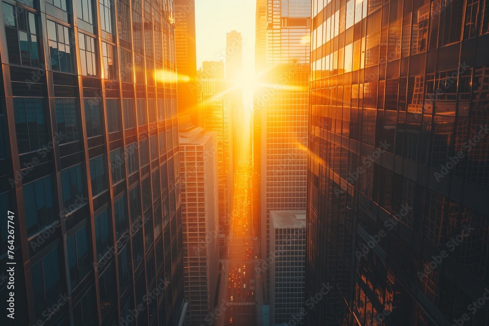 Wall mural sunlight shinning in between downtown city tall buildings