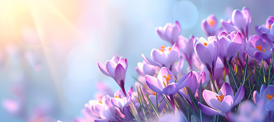 A beautiful natural autumn background with delicate lilac crocus flowers against a blue sky banner, perfect for seasonal and nature-related designs. - obrazy, fototapety, plakaty