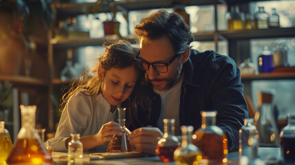 father and daughter doing science experiments together in a small lab