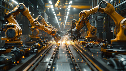 welding robots in a car factory