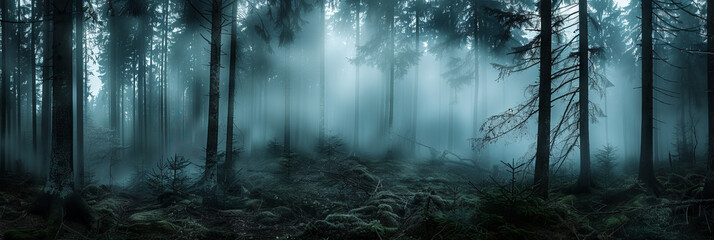 Black forest with thick fog. Trees in the clouds. Mystical dark nature background.