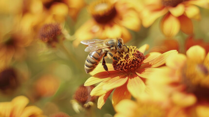 Bees pollinate flowers. Bees collect nectar. Bee flying around flowers. Yellow background.
