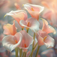 A serene composition of delicate pink calla lilies, their graceful forms basking in the soft glow of the sunlit sky, the ethereal quality of the flowers accentuated against the pastel hues of dawn