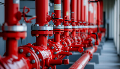 A row of red color fire fighting water supply pipeline system, Red pipeline system: fire fighting water supply, A red pipe with red valves on it. The image has a mood of danger and caution - Powered by Adobe