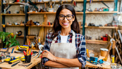 Cheerful woman, standing in a well-organized workshop filled with various tools  - obrazy, fototapety, plakaty