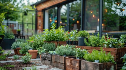 An urban garden scene where adaptogenic herbs are grown, showcasing how city dwellers incorporate these stress-reducing plants into their small-space gardening