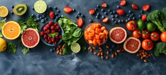 commercial healthy food background with fresh citrus, strawberries, almonds, broccoli, and avocado on a dark surface, perfect for wellness and diet content